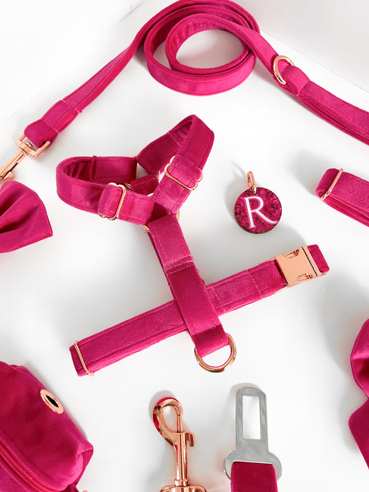 Bright pink velvet dog harness - close up
