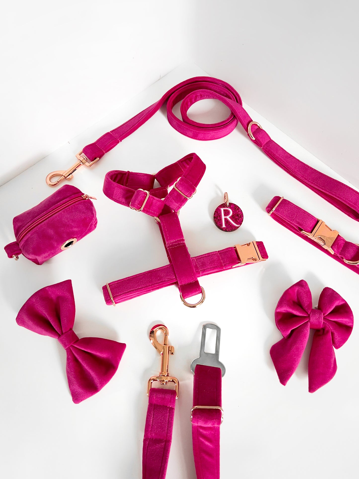 Bright pink velvet dog harness, collar, lead and bows