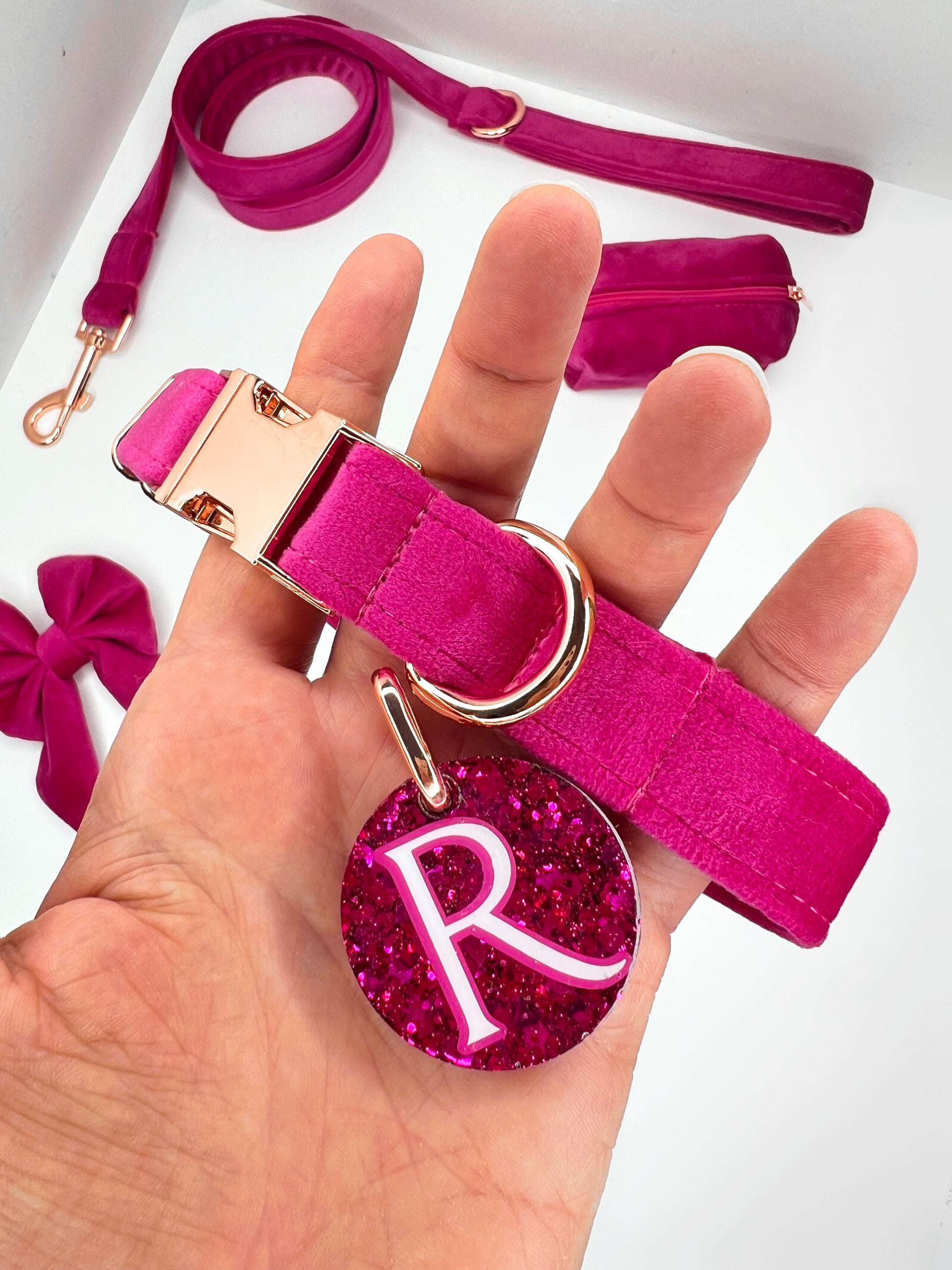 Hot pink velvet dog collar and matching sparkly dog tag