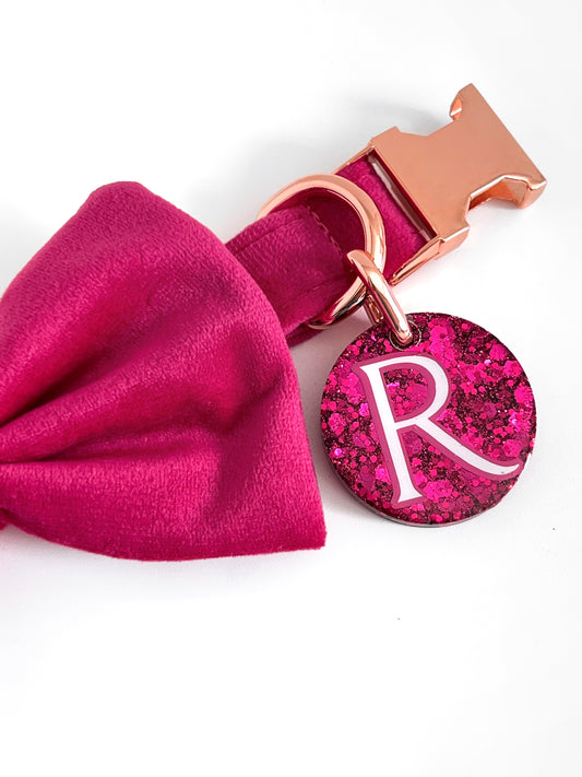 Hot pink glitter ID tag on our fuchsia pink velvet collar