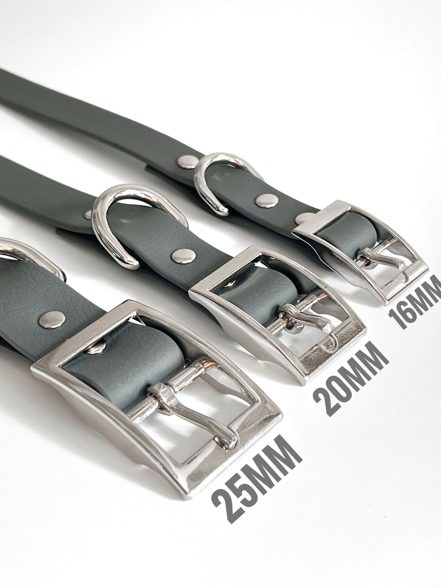 25mm, 20mm and 16mm grey waterproof dog collars