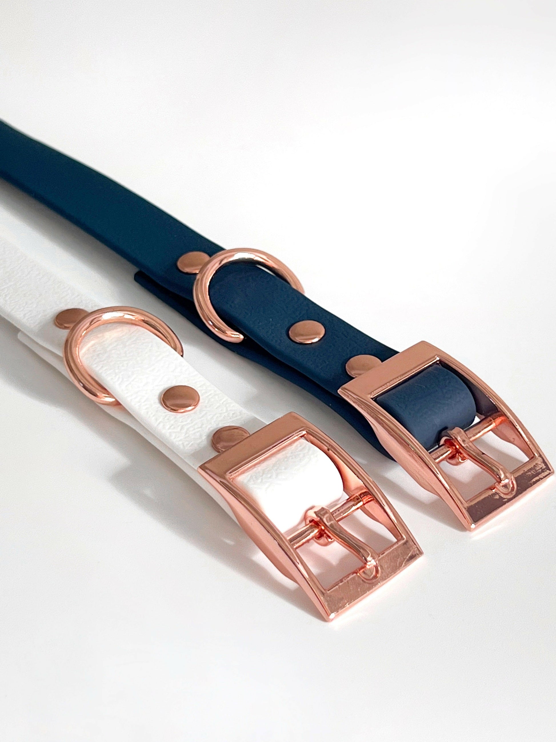 White and navy vegan leather dog collars