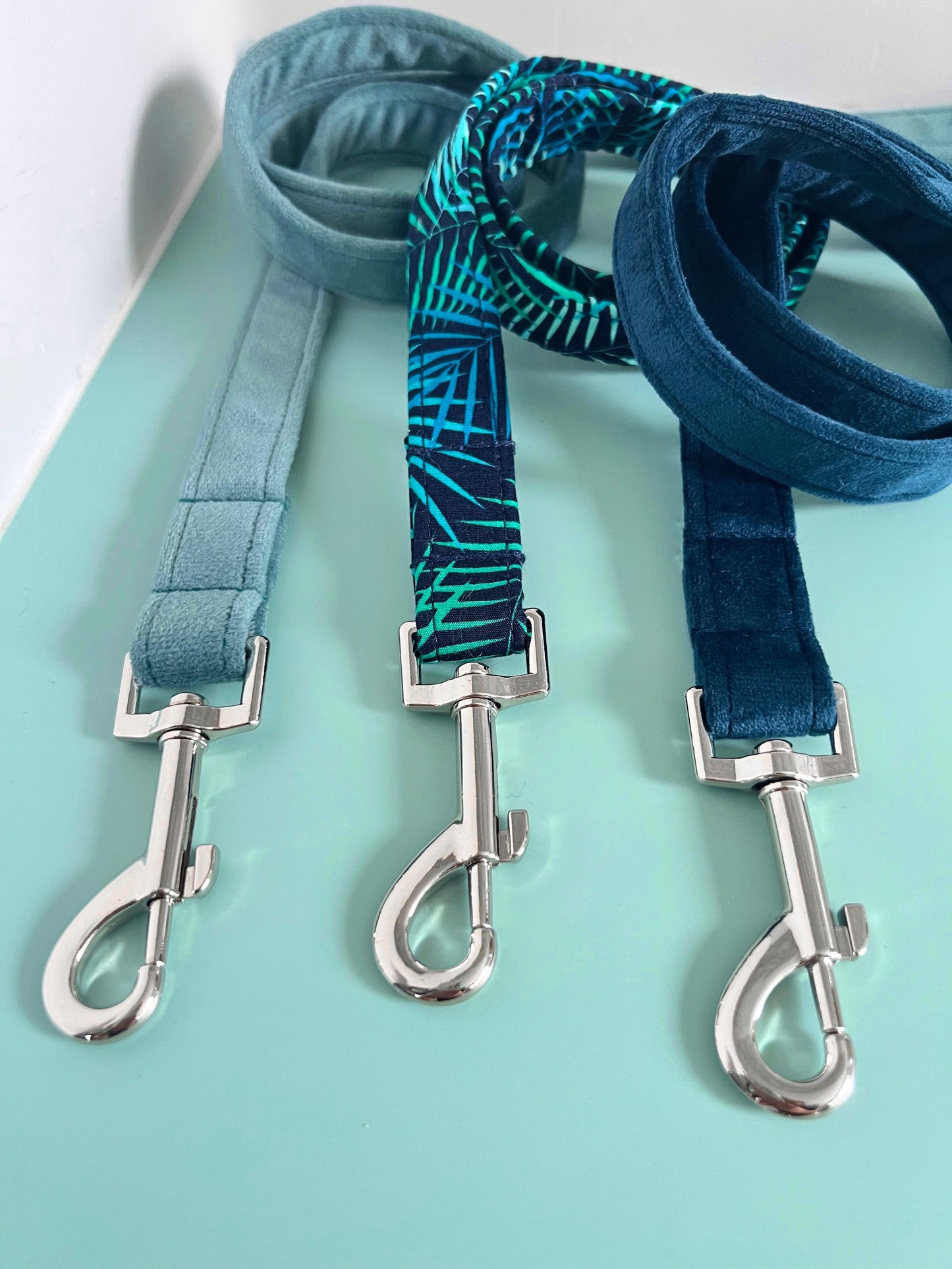 Teal velvet, tropical print and navy velvet dog lead