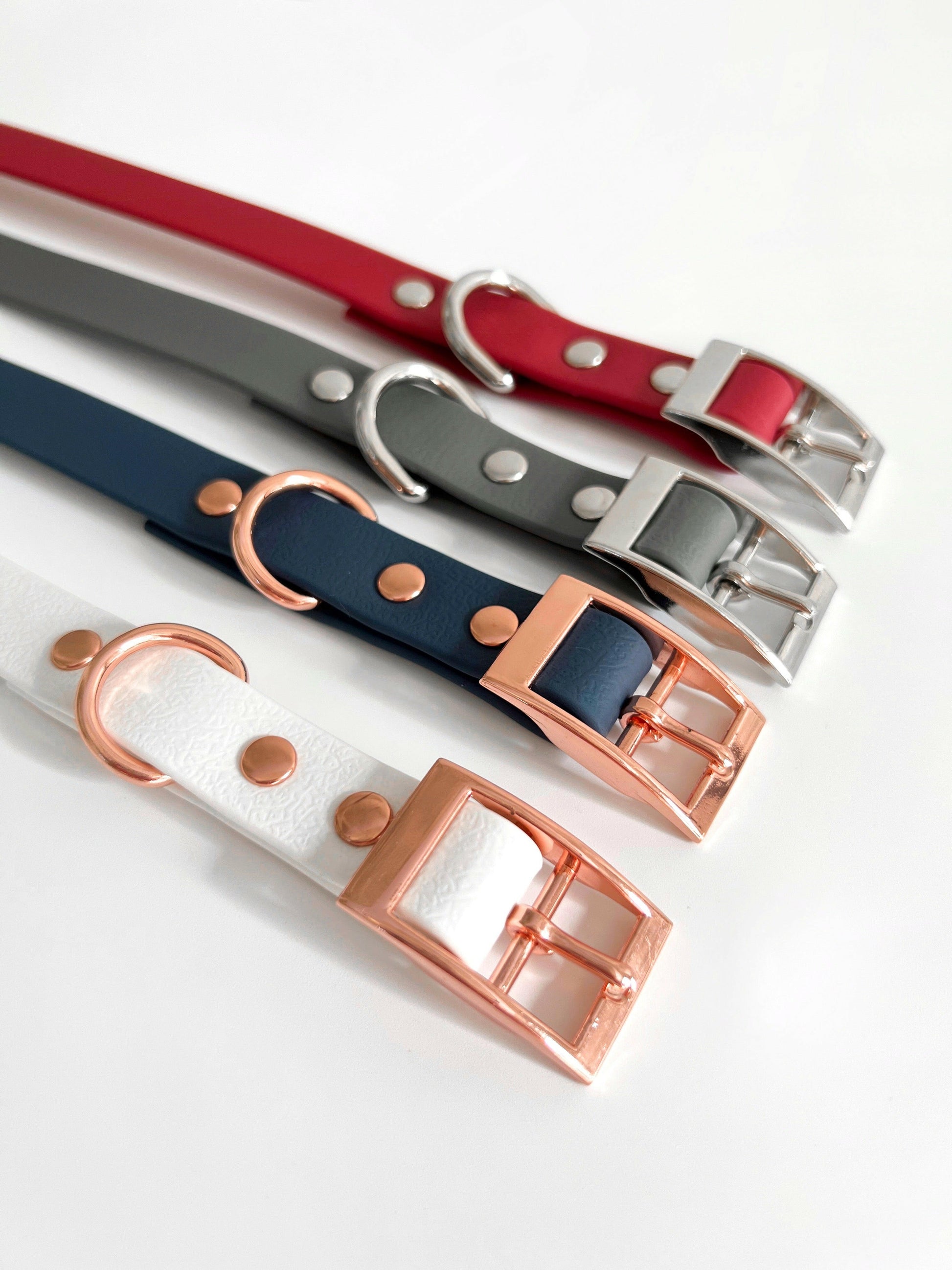 White, navy, grey and red vegan leather dog collars