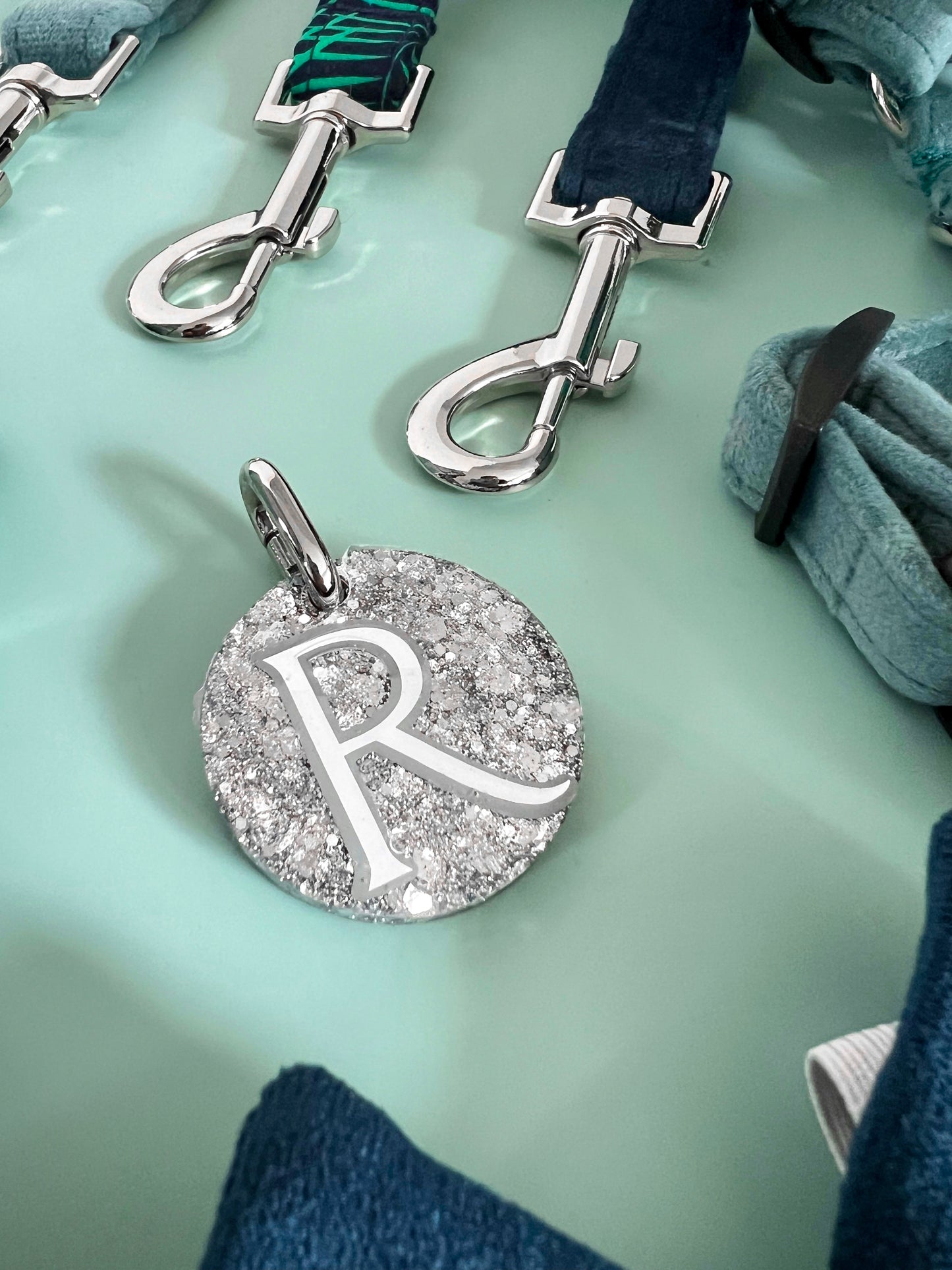 Silver glitter hand poured resin pet tag