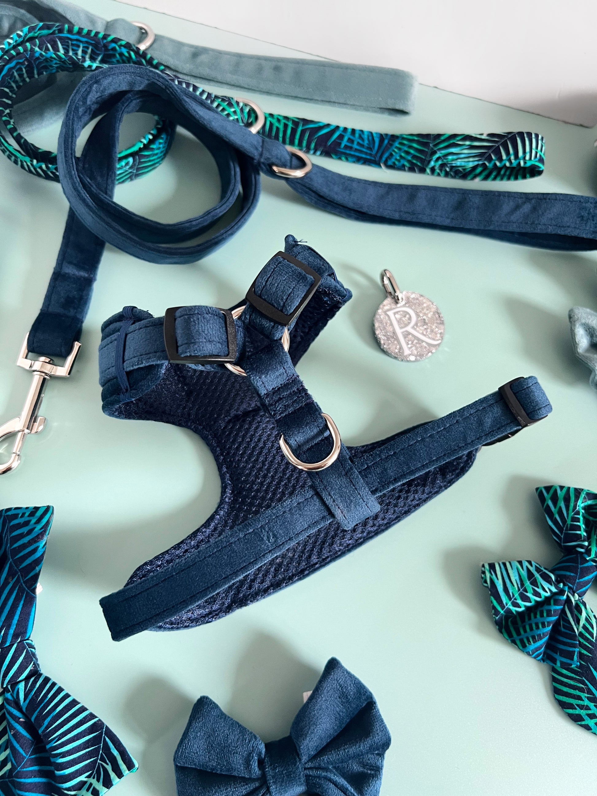 Navy velvet adjustable harness with matching accessories