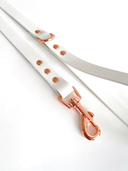 White and rose gold waterproof vegan leather dog lead