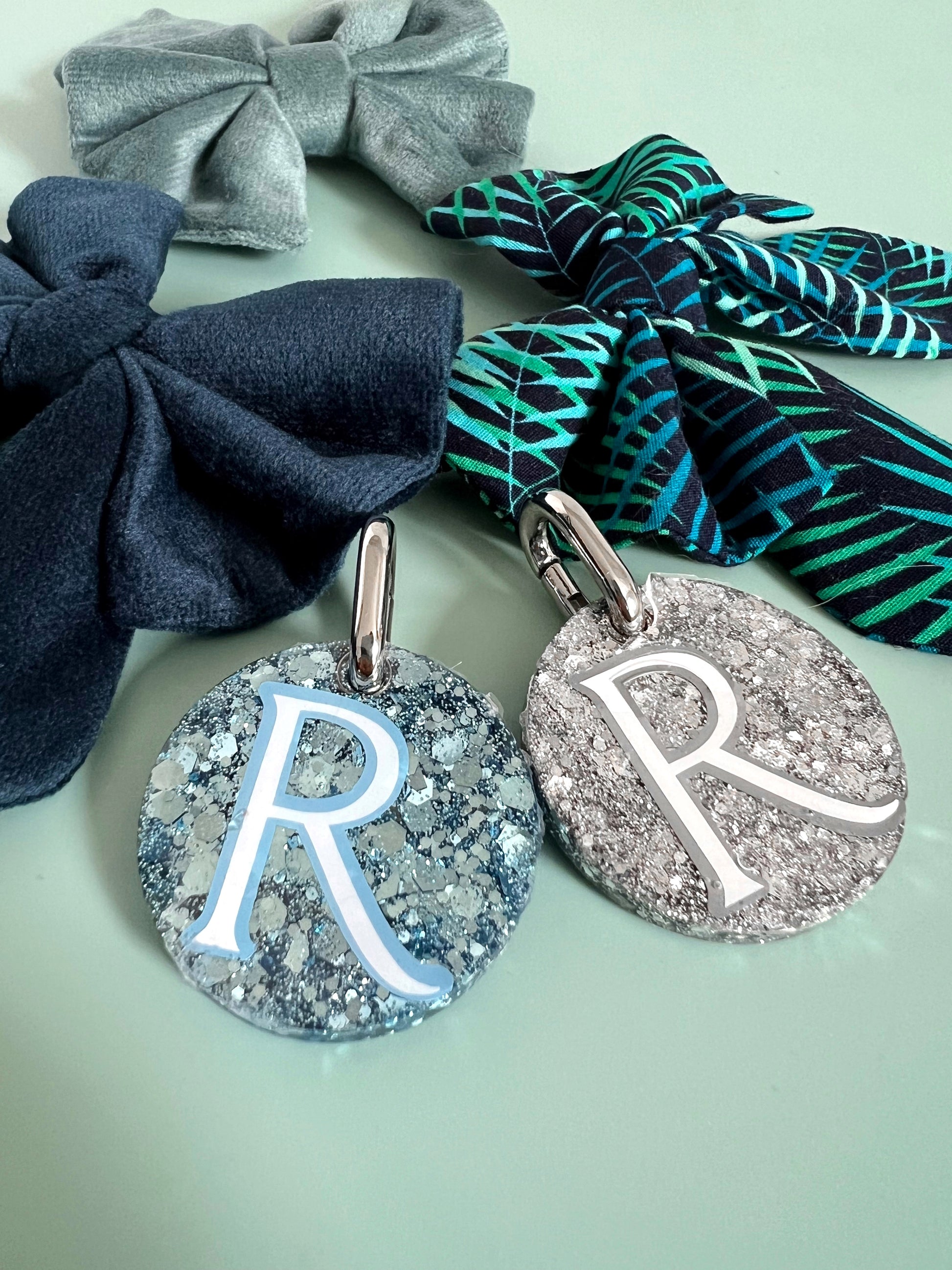 Glitter dog tags with blue bows