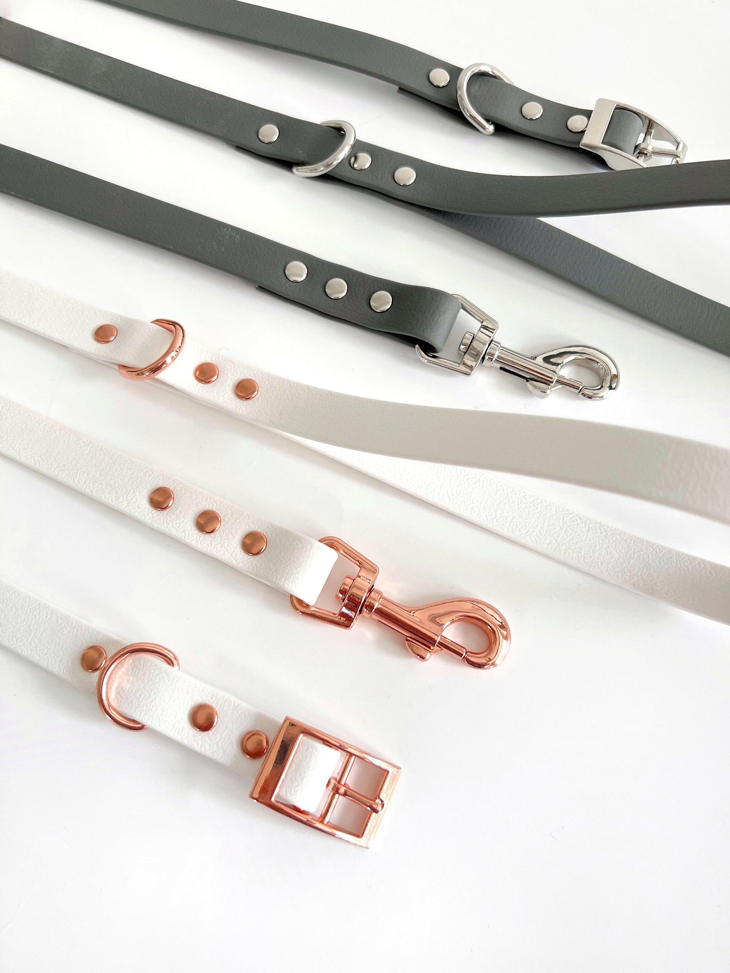 Matching white and grey waterproof collar and lead sets