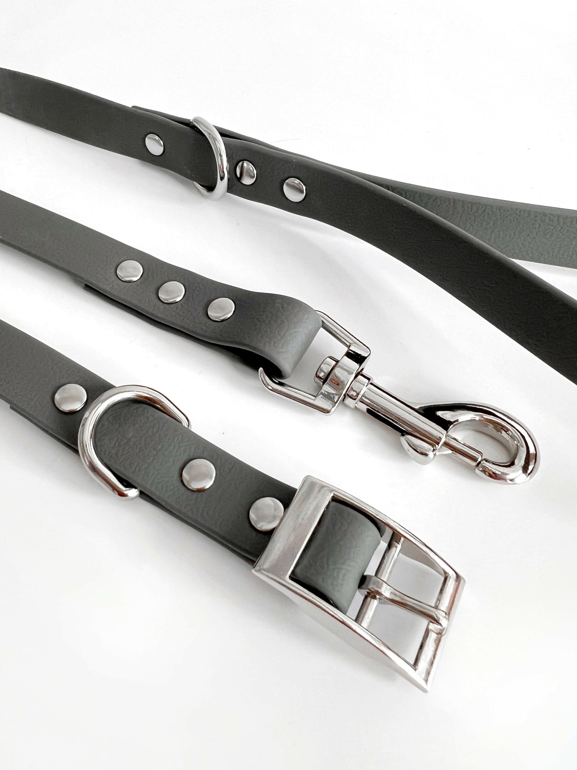 Grey and silver matching waterproof collar and lead