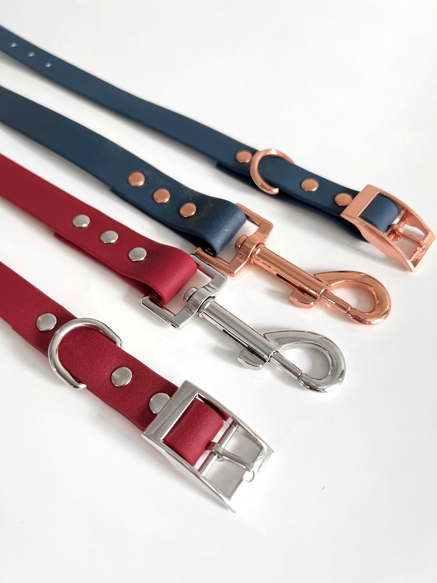 Red and navy waterproof dog collars and leads