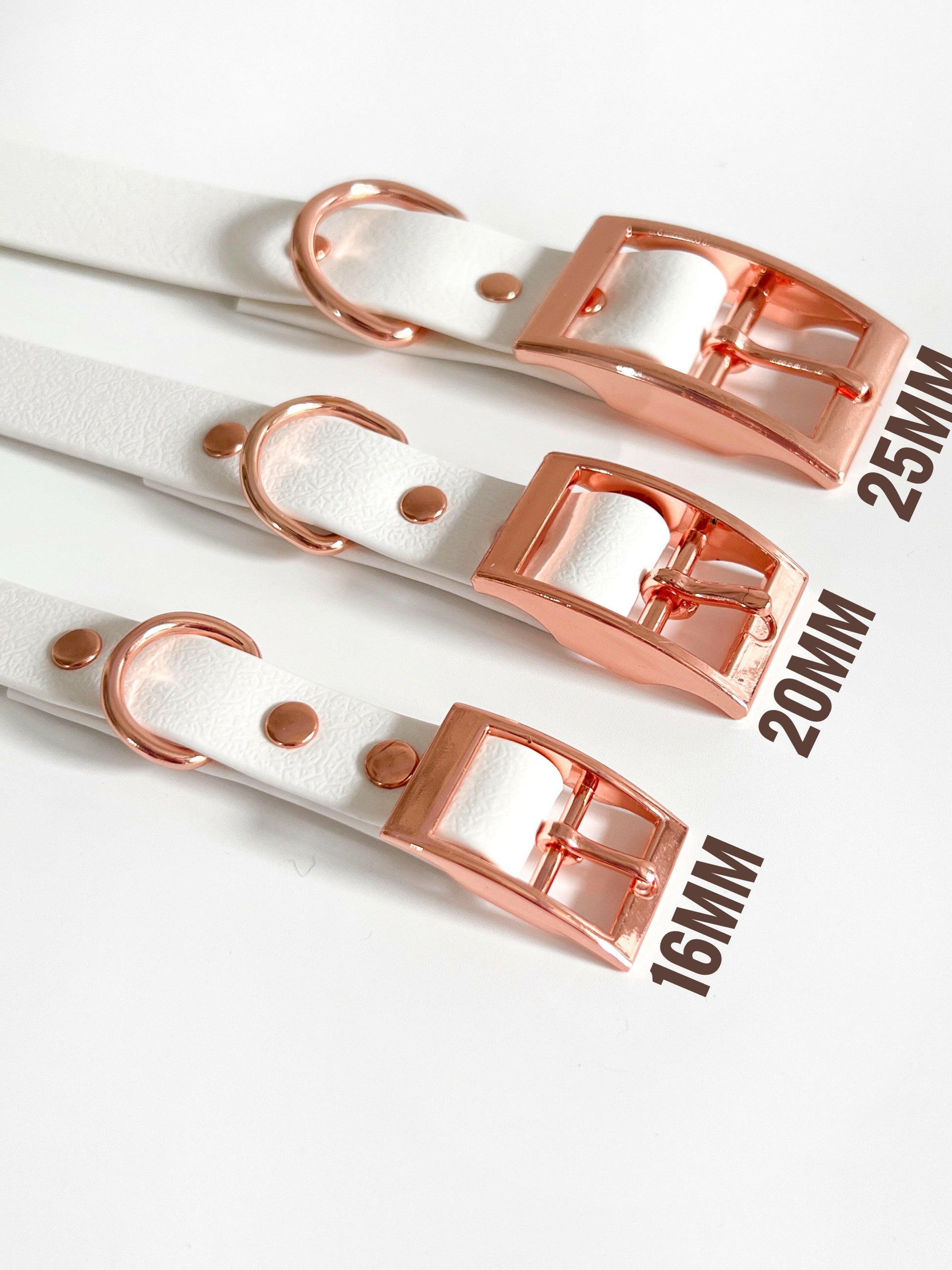 25mm, 20mm and 16mm white and rose gold dog collars