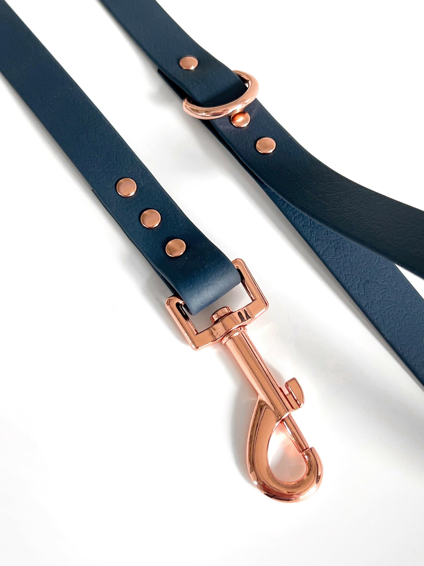 Navy and rose gold waterproof vegan leather dog lead