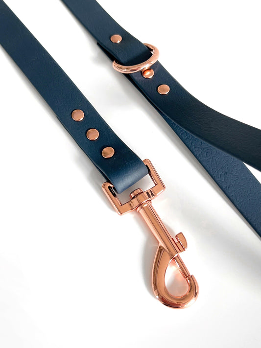Navy and rose gold waterproof vegan leather dog lead