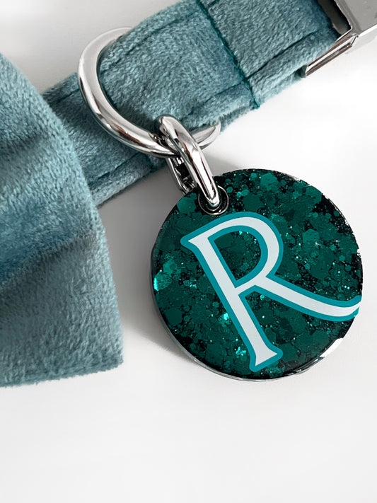 Personalised teal glitter dog tag on our blue velvet collar