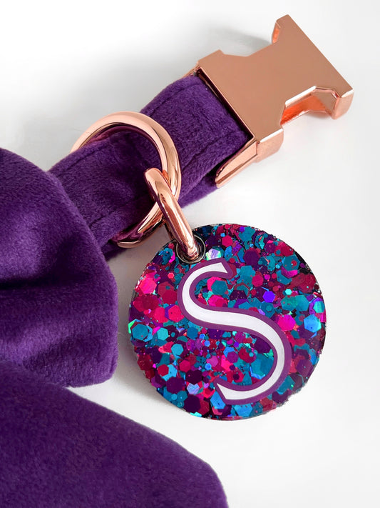 Purple, pink and blue personalised glitter dog tag