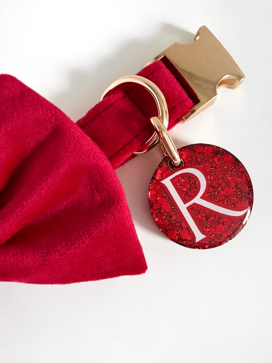 Personalised red glitter dog tag on our red velvet collar