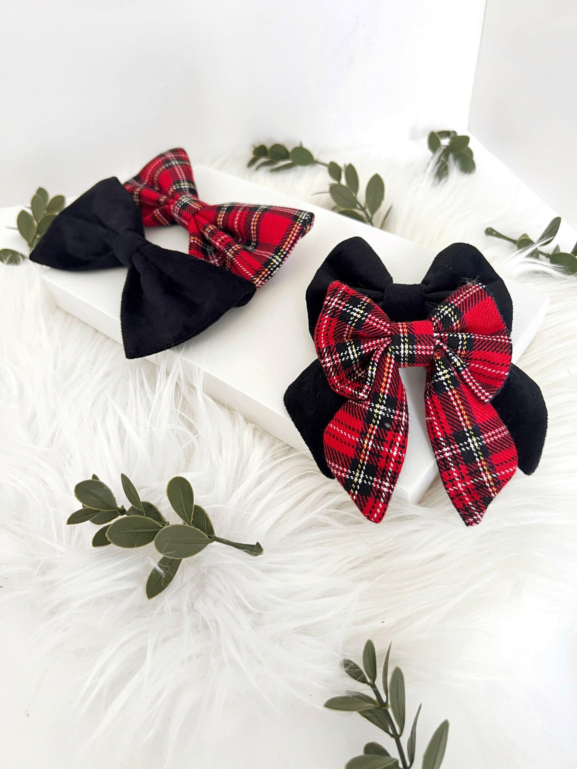 Black velvet and red tartan over collar bows