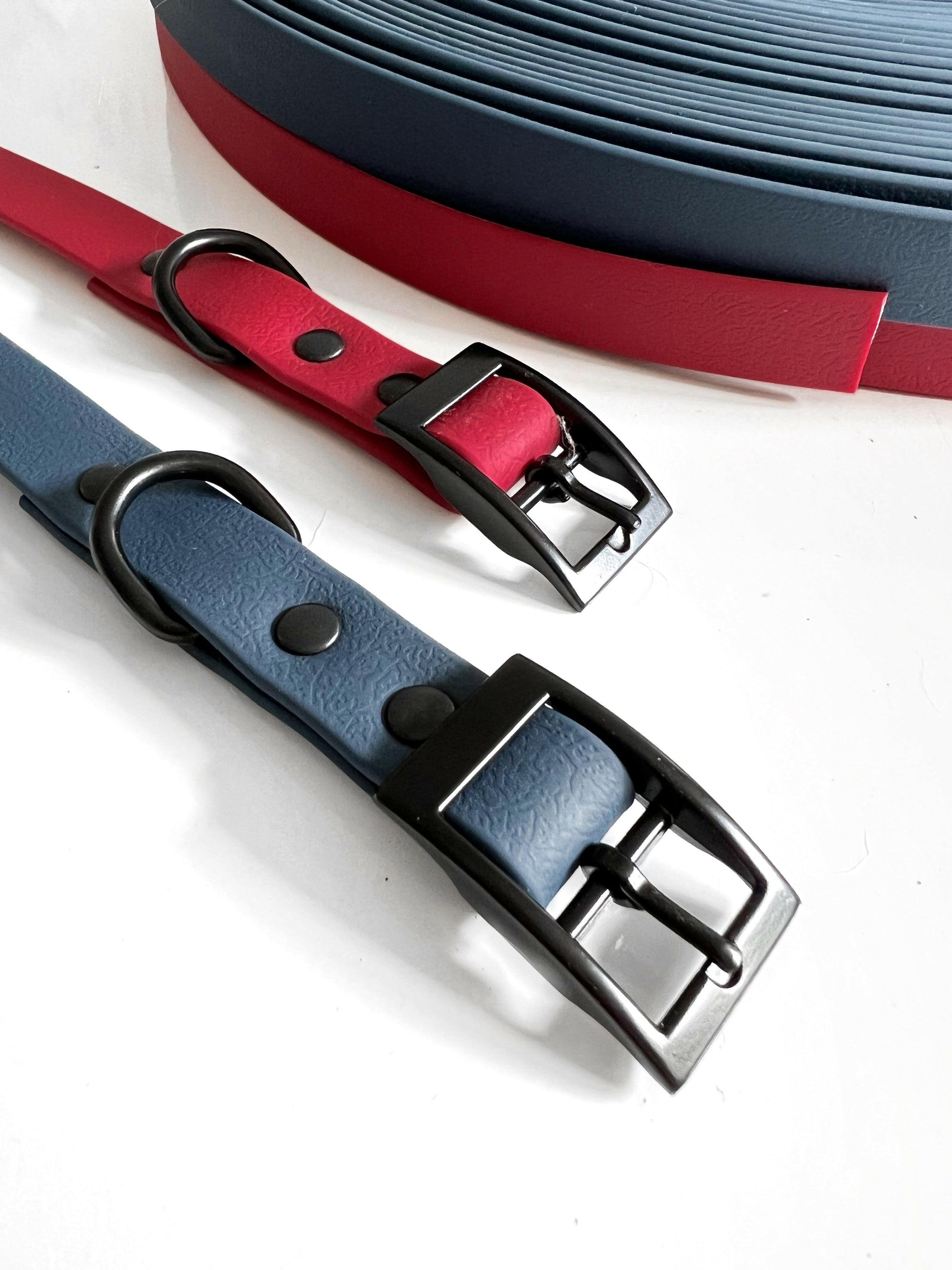 Red and navy waterproof collars with black buckles