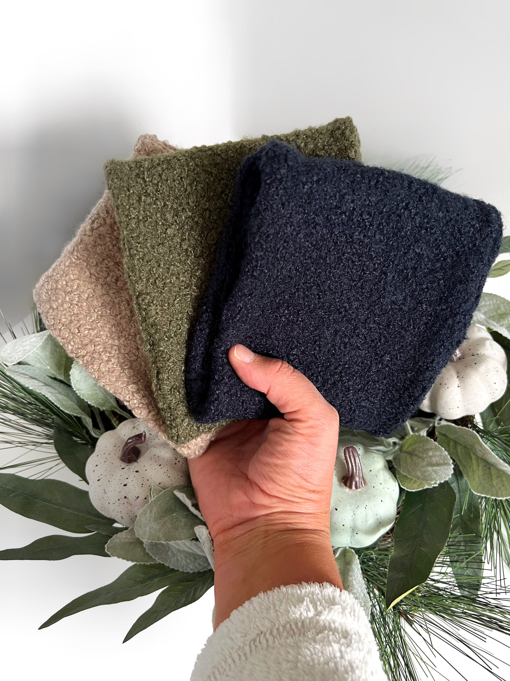 Beige, green and navy teddy borg dog snoods