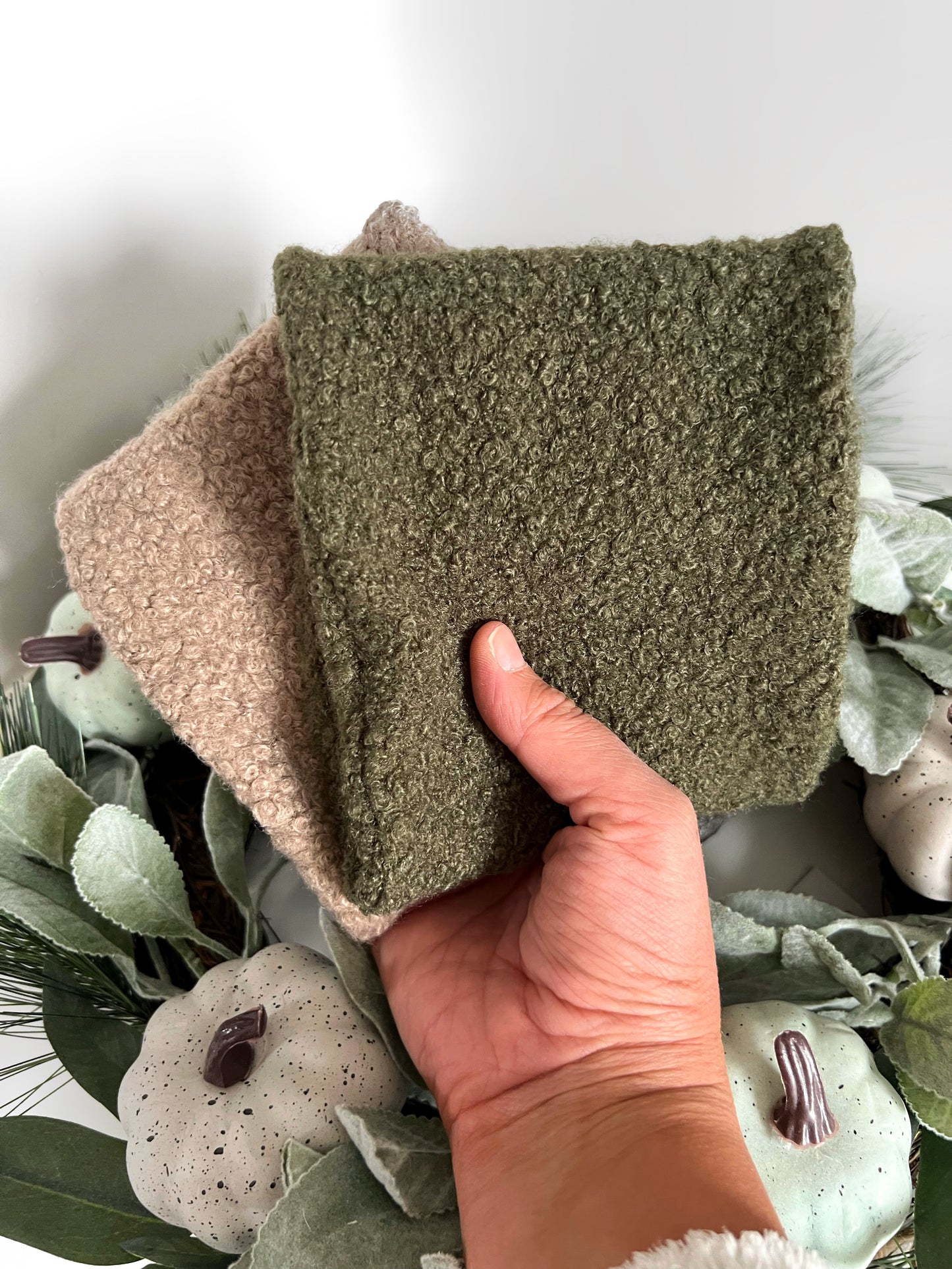 Beige and olive green teddy snoods