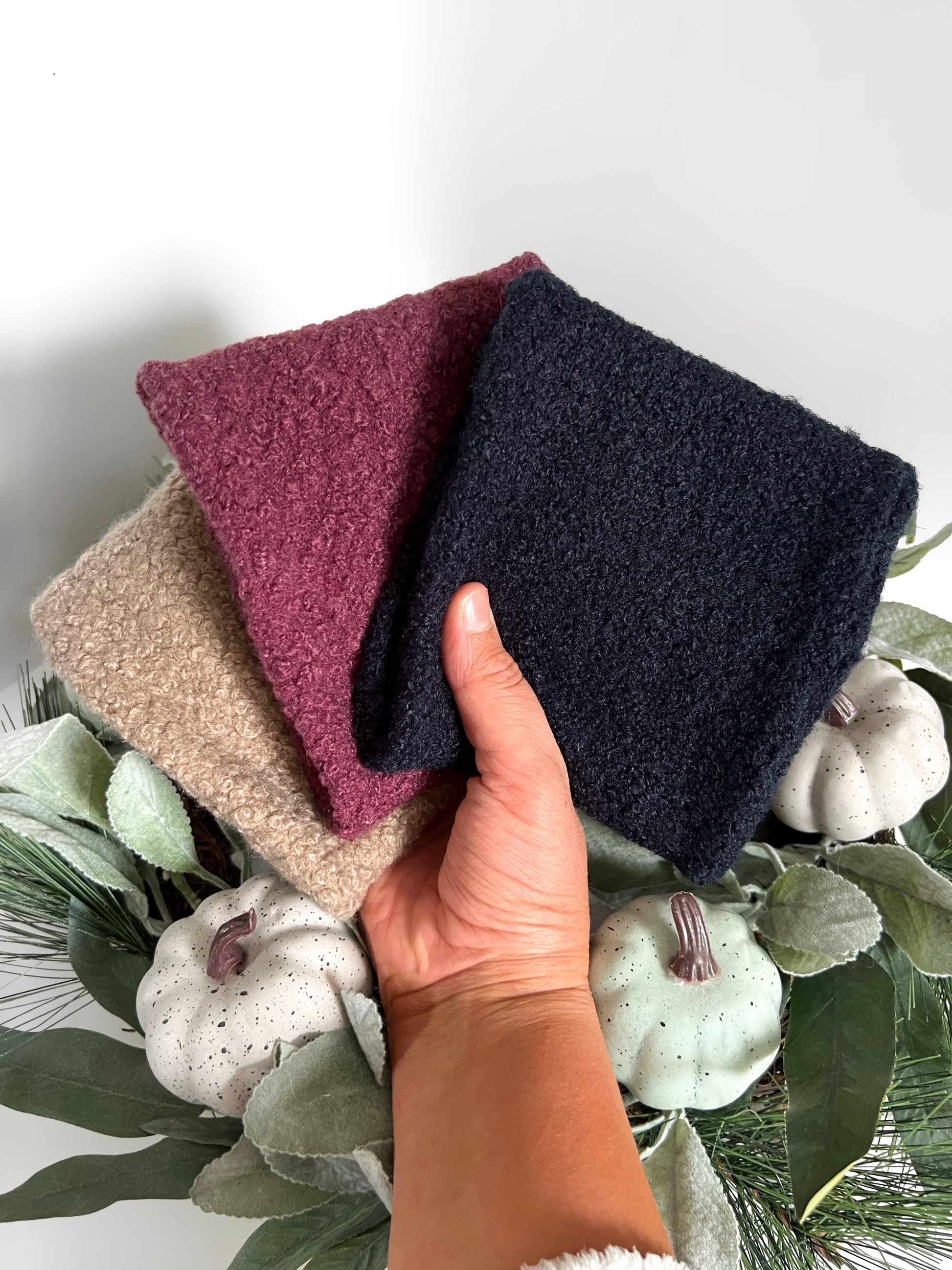 Beige, mulberry and navy teddy borg snoods
