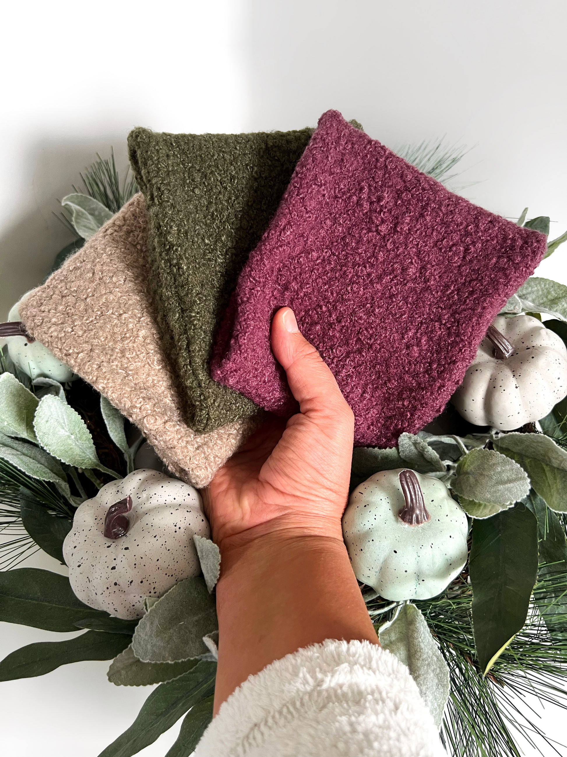 Biscotti beige, dark olive green and mulberry snoods