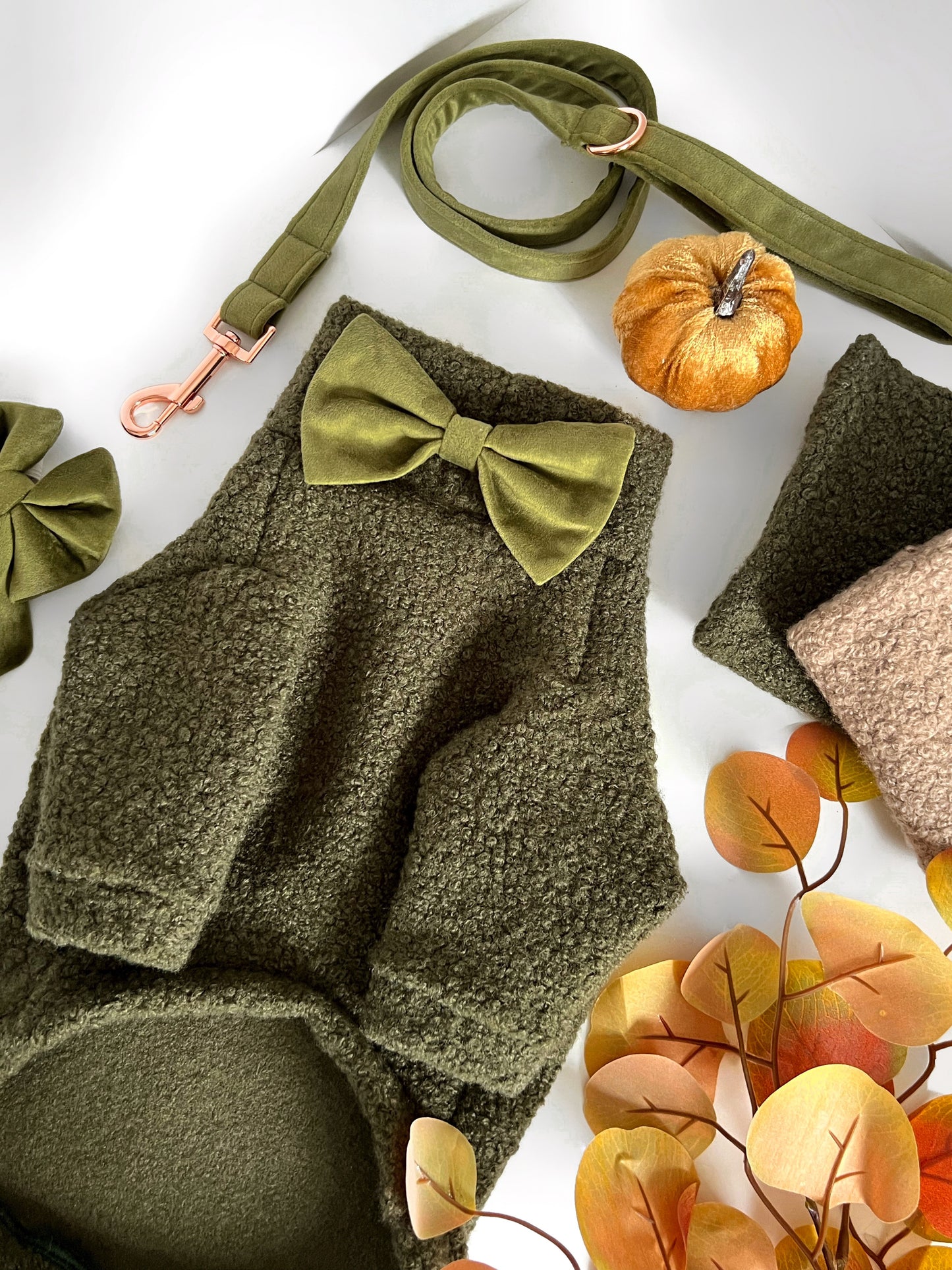 Olive green teddy borg dog jumper with arms