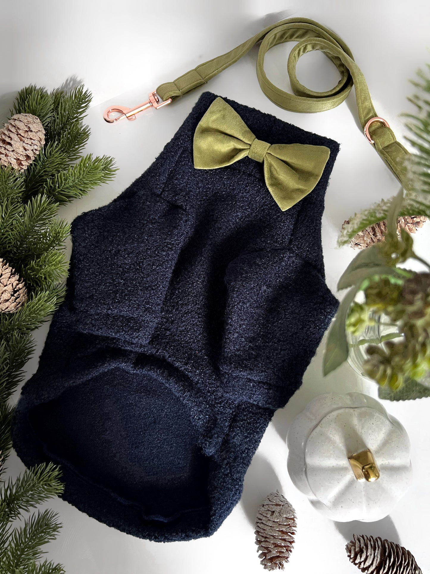Navy teddy borg two legged fleece with green velvet