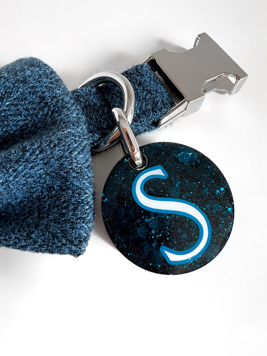 Navy blue personalised glitter dog tag on tweed dog collar