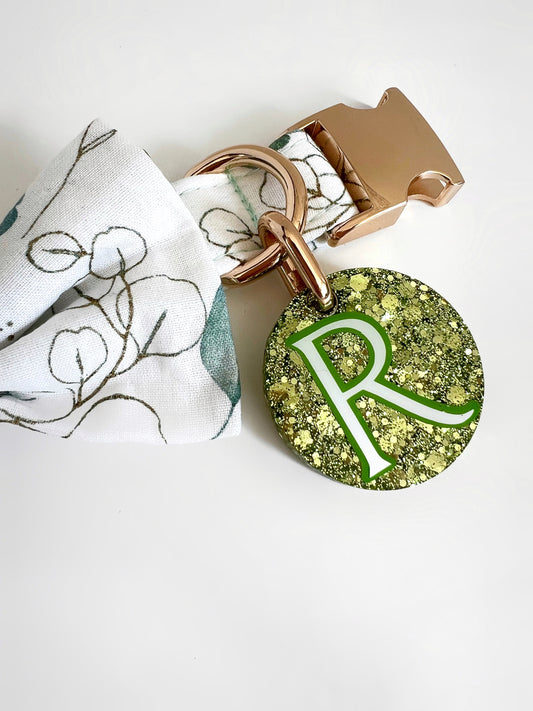 Light green personalised glittery dog tag
