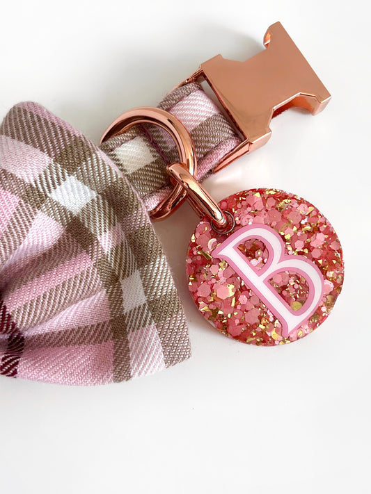 Pink and gold glitter tag on our pink tartan dog collar
