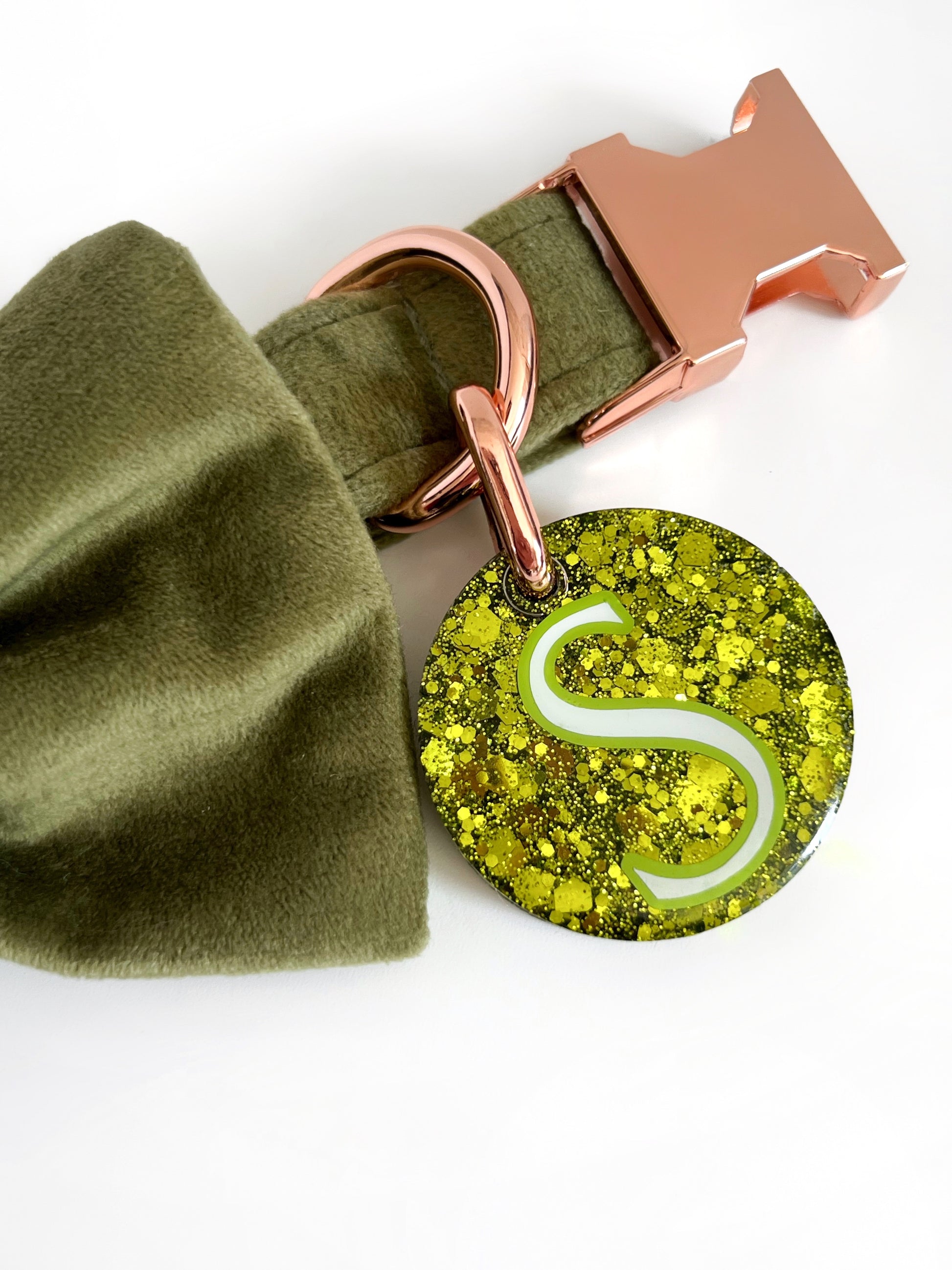 Bright green glittery dog tag on our olive velvet collar