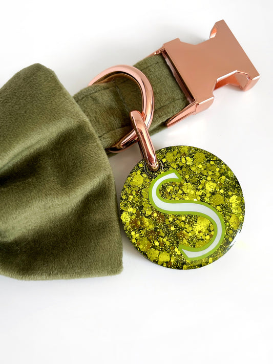Bright green glittery dog tag on our olive velvet collar