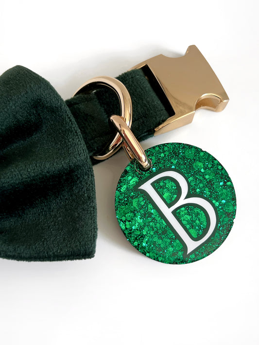 Dark green glitter dog tag on a soft velvet and gold collar