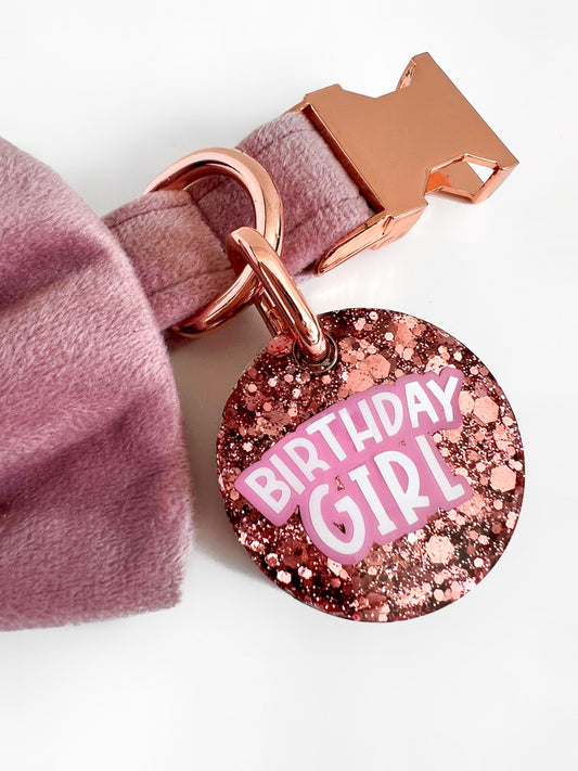 Birthday girl pink glittery id tag on a pink velvet collar