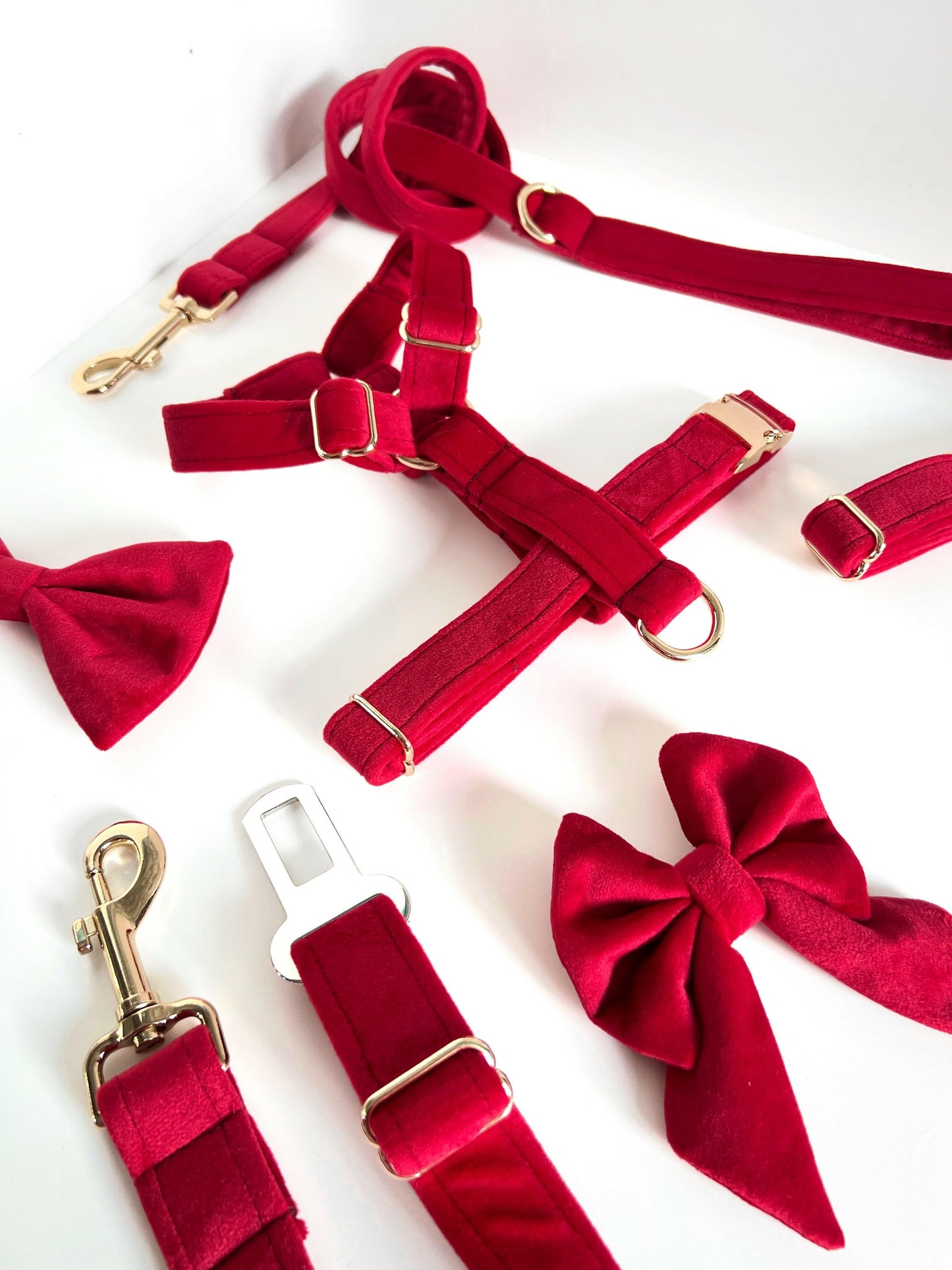 Red velvet harness, lead, collar seatbelt and bows