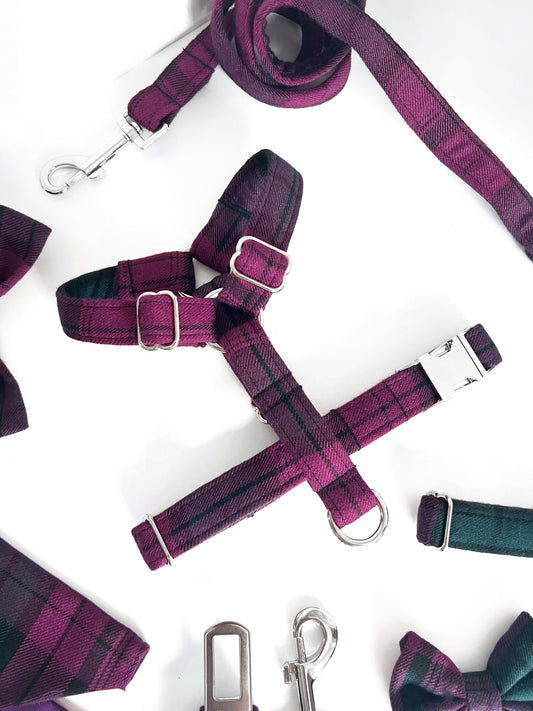 Purople tartan and silver dog harness