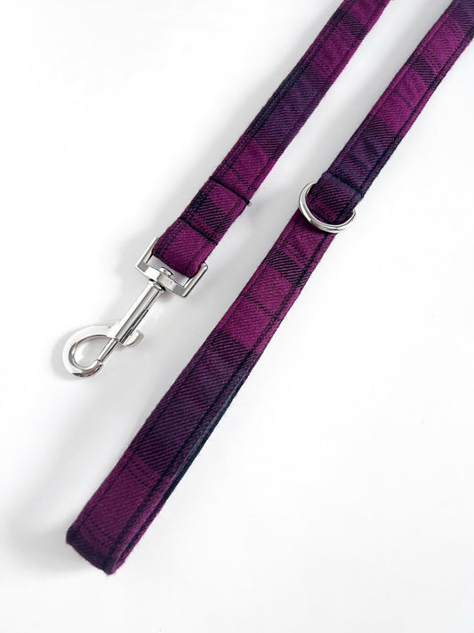 Purple tartan and silver dog lead