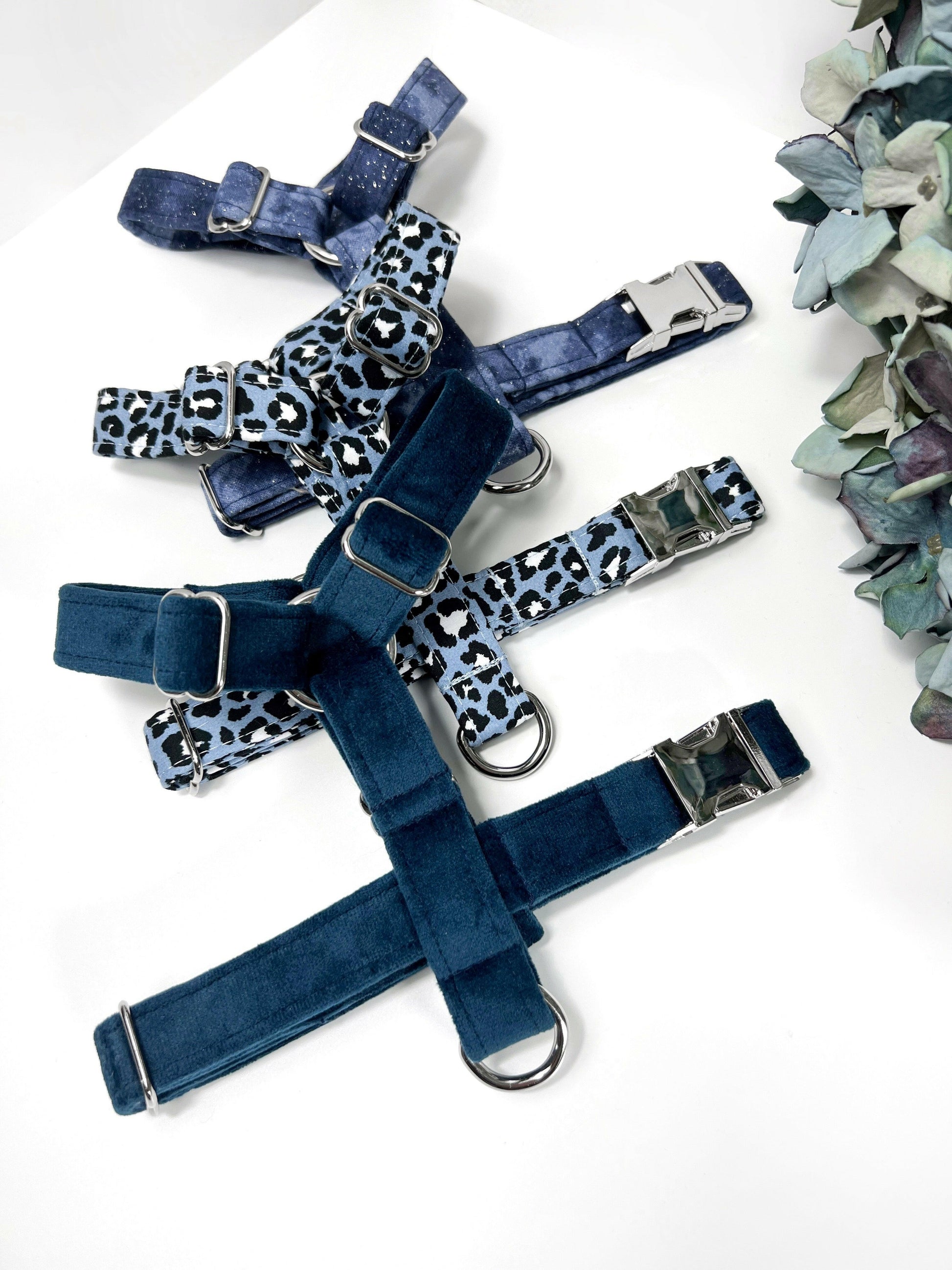 Blue handmade custom sized dog harnesses