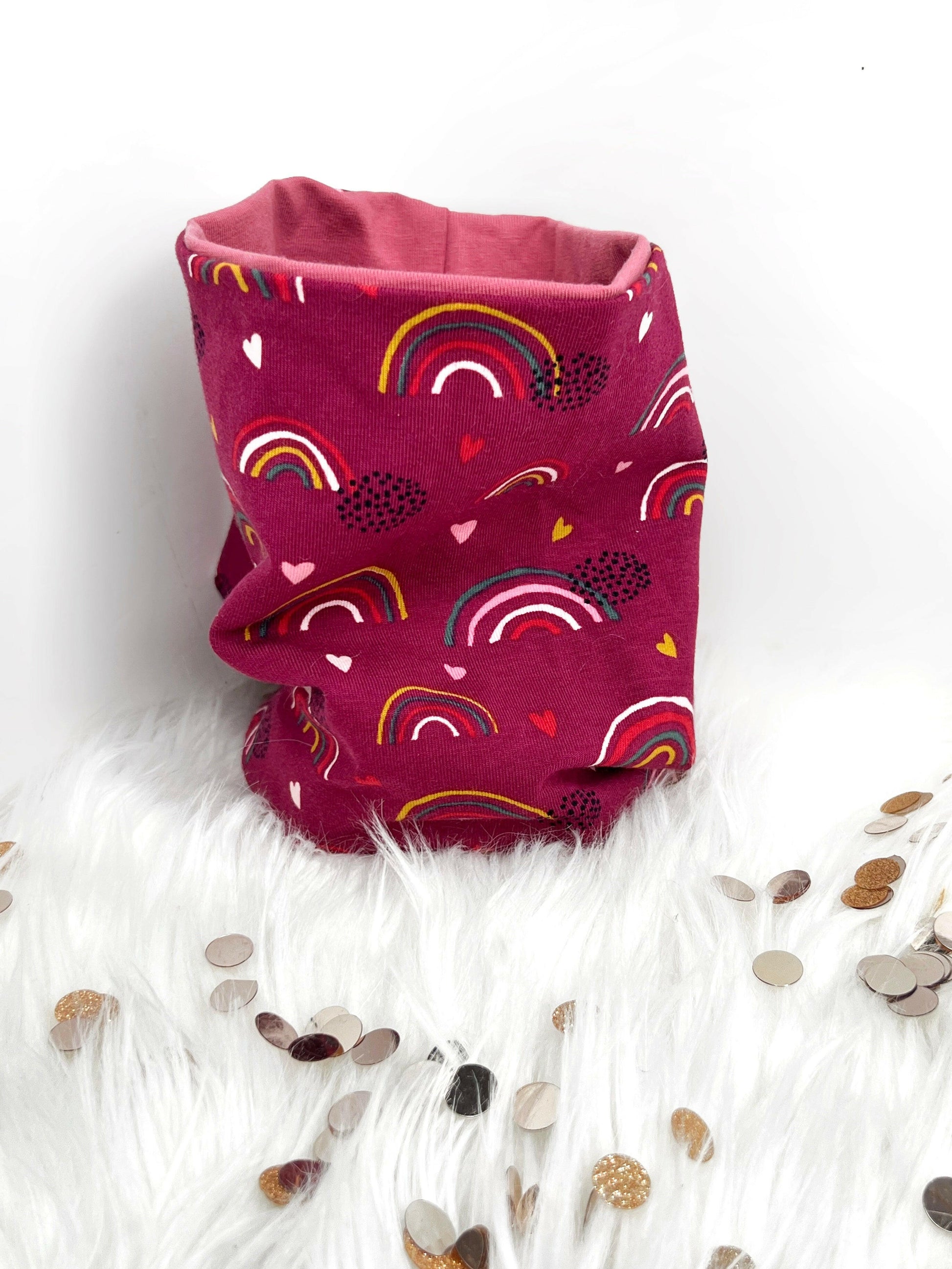 Pink rainbow over ear dog snood