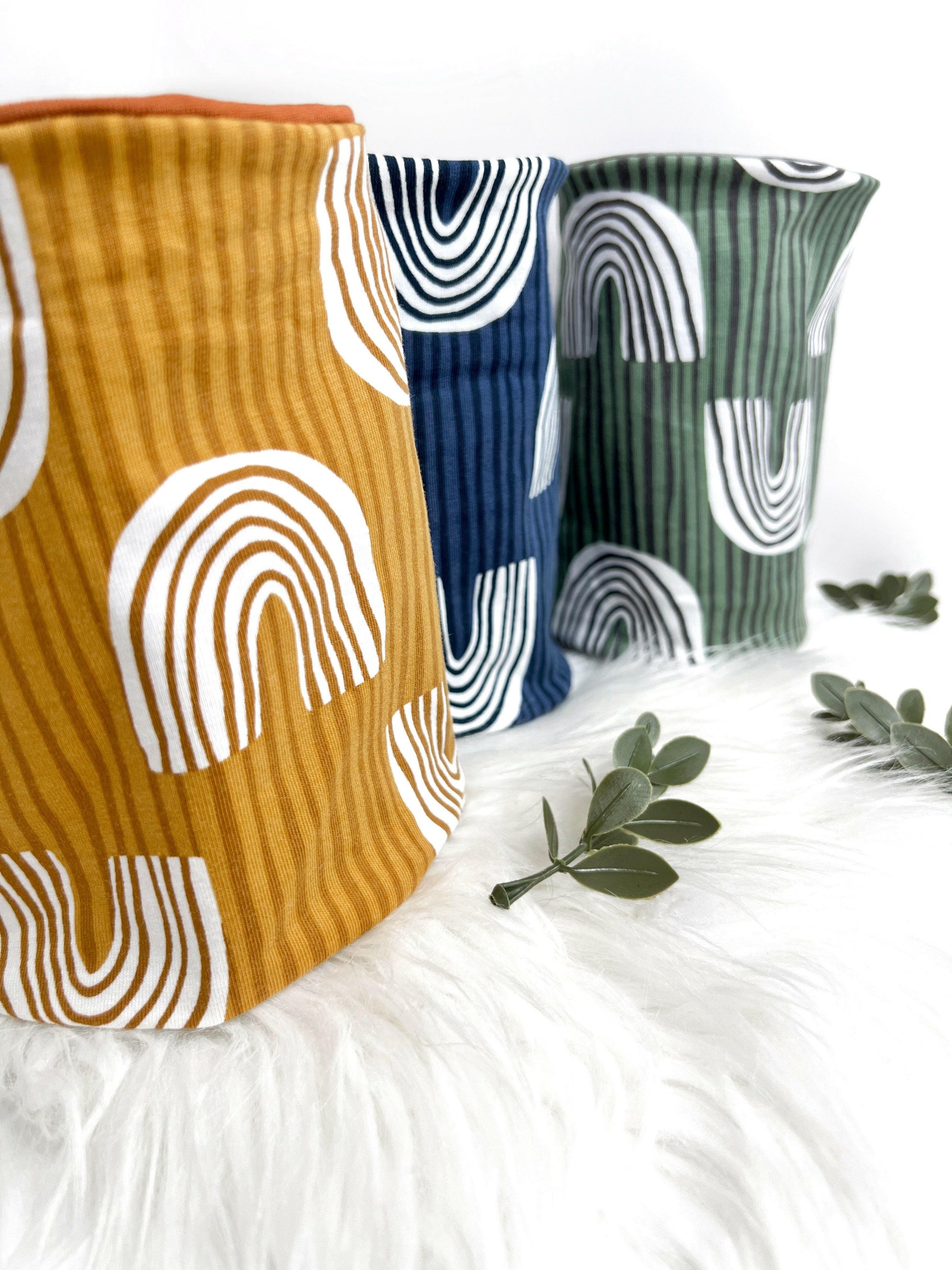 Mustard, blue and green raw feeding snoods - side view