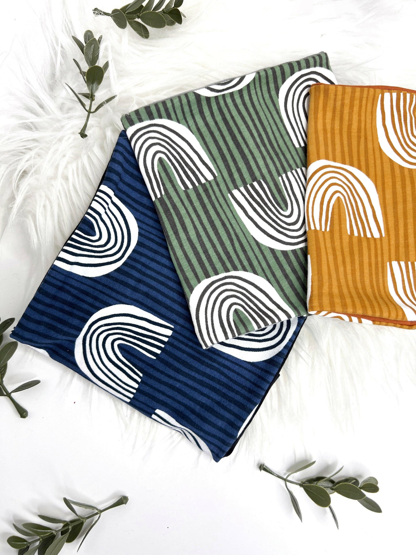 Navy, green and yellow dog food snoods - top view