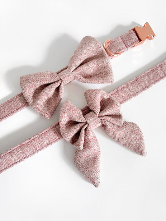 Pink tweed bowtie and sailor bow on collar