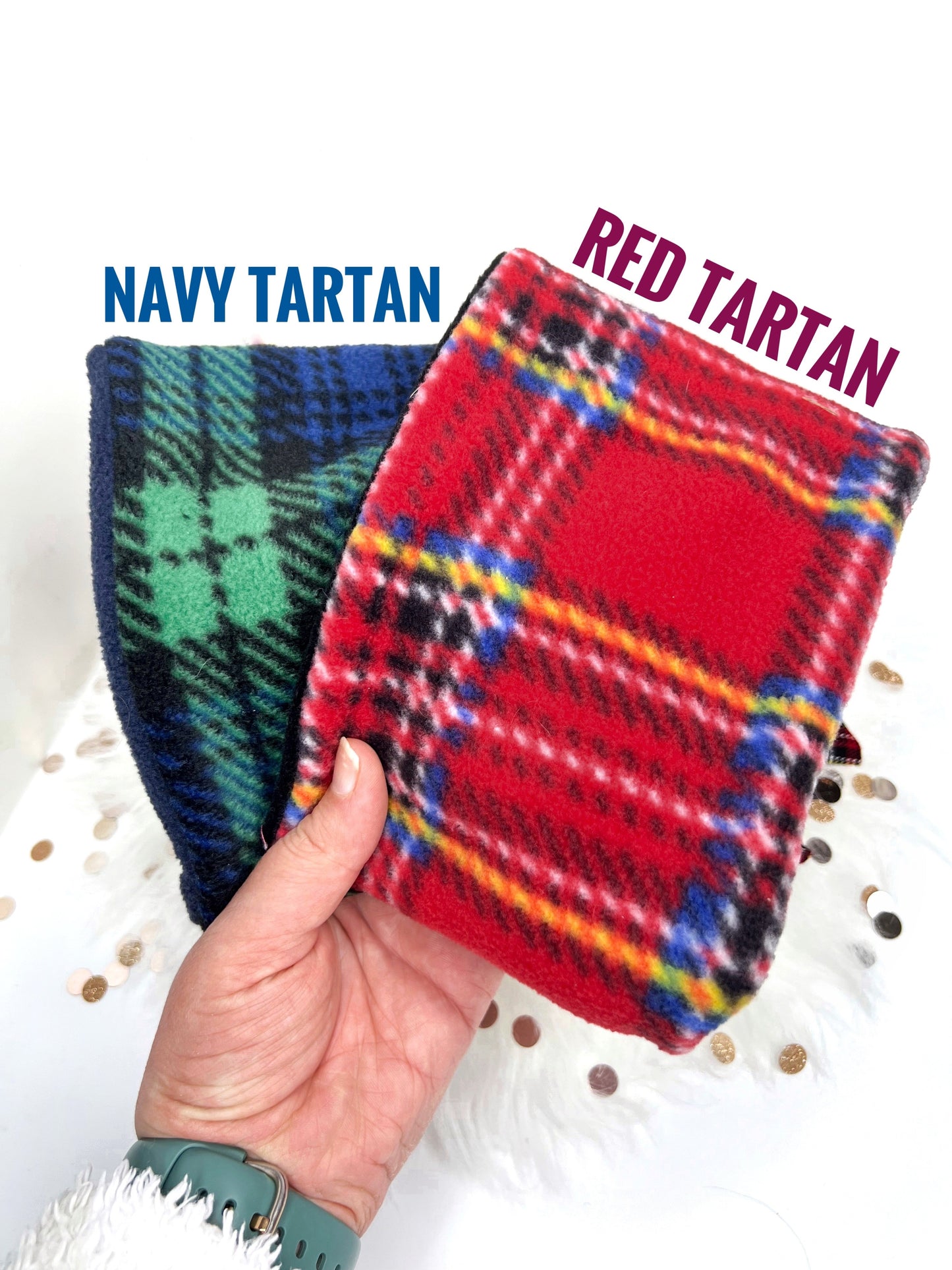 Red and navy tartan snoods