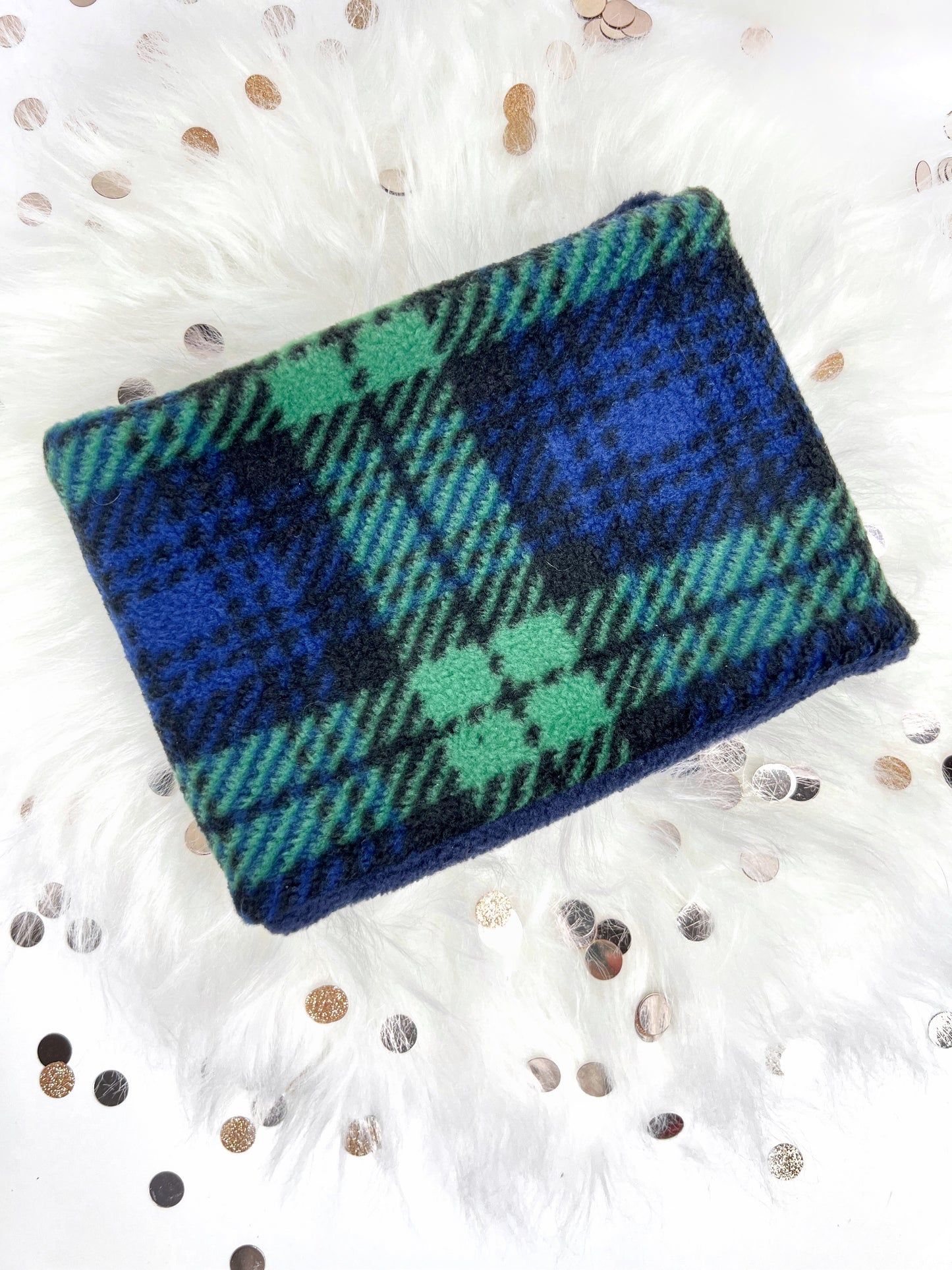 Green and blue tartan fleece dog snood