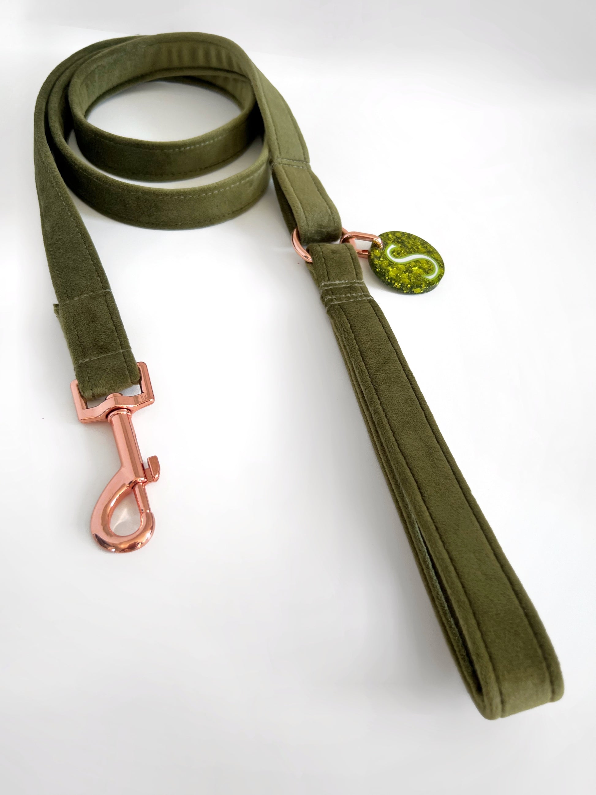 Olive green velvet personalised dog lead