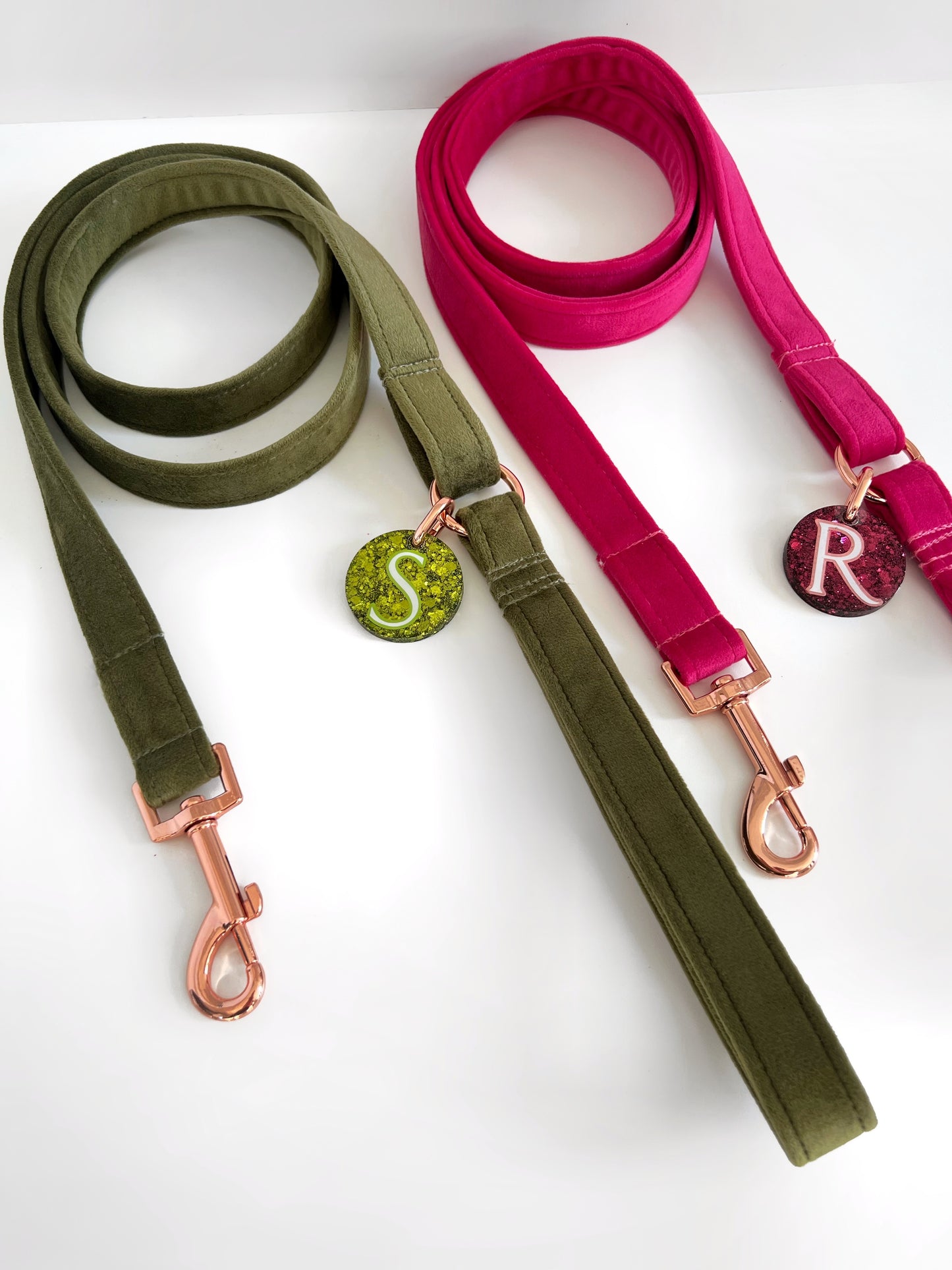Bright pink and dusky green velvet dog leads
