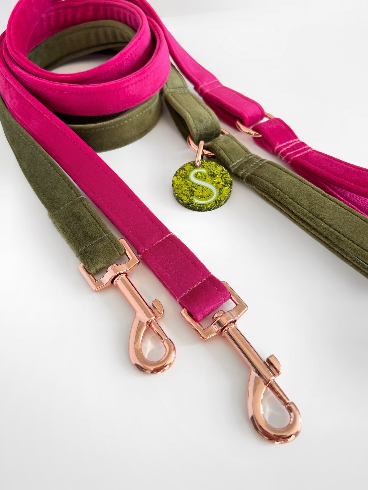 Pink and green velvet dog leads