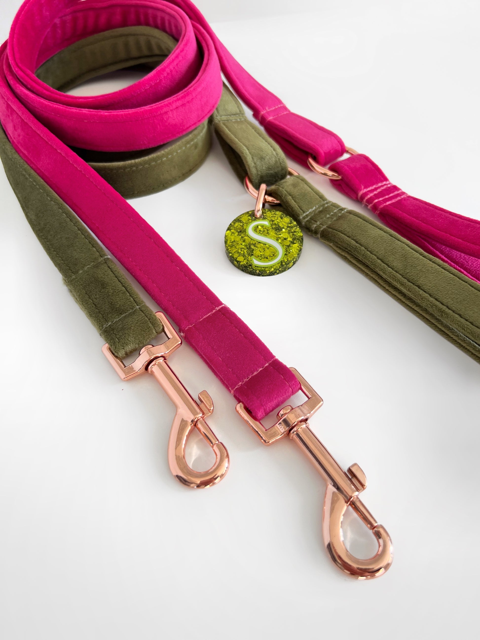 Pink and green velvet dog leads